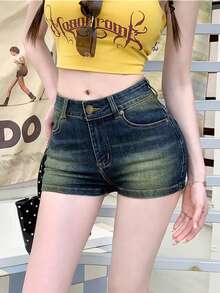 女士百搭复古水洗牛仔短裤，休闲度假之选 - 深色水洗藍 - 查看 2