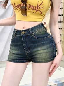 女士百搭复古水洗牛仔短裤，休闲度假之选 - 深色水洗藍 - 查看 1