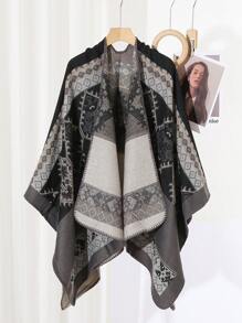 1pc Geometric Pattern Acrylic Hooded/Hoodless Cape Poncho, Fashionable Loose Fit Versatile Cloak For Spring, Summer, Autumn & Winter