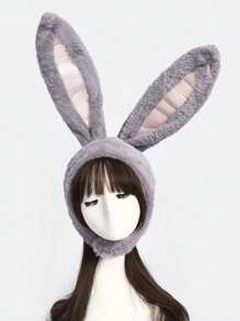 1pc Women's Solid Color Cute Cartoon Long Ear Rabbit Fluffy Hooded Hat, Warm Ear Protection Costume Prop, Autumn/Winter Halloween