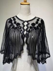 1920 年代复古朋克亮片披肩串珠弹力短披肩和透气网眼覆盖优雅女士连衣裙配饰 - 彩色 - 查看 13