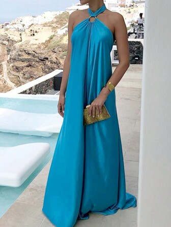 Women's Summer O-Ring Criss Cross Sleeveless Self-Tie Halter Backless Maxi Long Beach Dress