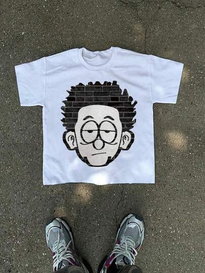 NEON DUSK Men's White Crew Neck Cartoon Character Print Short Sleeve T-Shirt, Casual Daily Wear