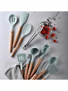 Set 12 espatulas utensilios de cocina de silicona con mango de madera - Rosa - Ver 6