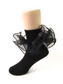 1 Pair Children Girls Ruched Lace Trim Socks, Princess Infant/Toddler/Big Kid Ankle Socks - Black - View 4