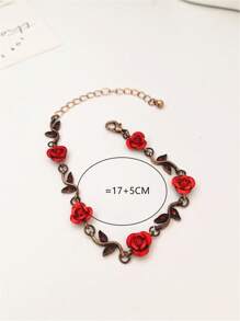 1 pieza Brazalete de piedras preciosas decorado con flor de rosa vintage y hojas, adecuado para el uso diario de la mujer, regalo para el Día de San Valentín, el Día de la Madre - Rojo - Ver 2