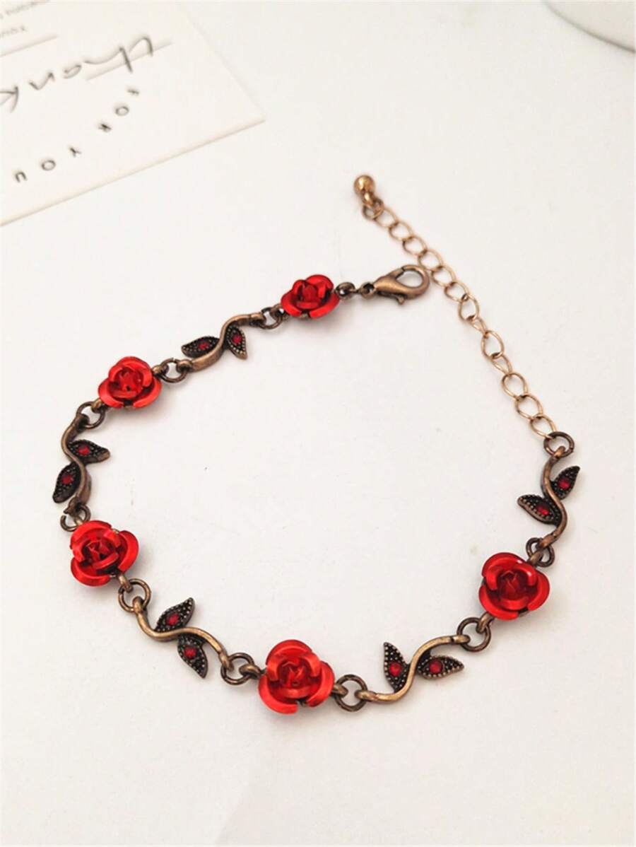 1 pieza Brazalete de piedras preciosas decorado con flor de rosa vintage y hojas, adecuado para el uso diario de la mujer, regalo para el Día de San Valentín, el Día de la Madre - Rojo - Ver 1
