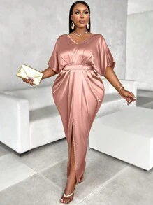 BIUBIU Plus Size Pleated Kaftan Sexy Dress - Pink - View 1