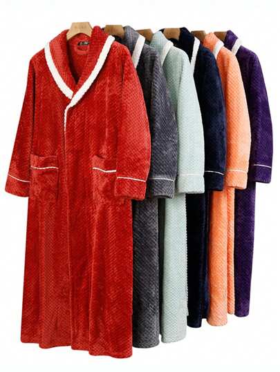 1pc Thickened Sherpa Sleepwear Robe, Women Long Pineapple Plaid Flannel Bathrobe, Men Winter Back To School