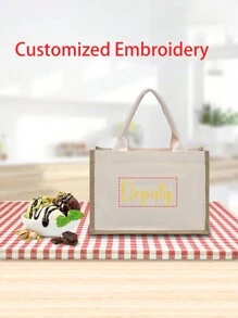 Bolsa de lona personalizada con bordado exclusivo de su nombre, bolsa de almacenamiento de lona grande, bolsa de compras impermeable interna, bolso, bolsa de equipaje, adecuada para compras, citas, vacaciones, viajes, fiestas, bolsa de regalo - Beis - Ver 7