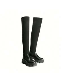 Women Minimalist Panel Design Knit Over The Knee Boots Fashion Lug Sole Comfortable Stretch Warm Sock Boots For Autumn Winter Christmas Wearing - 黑色 - 查看 9