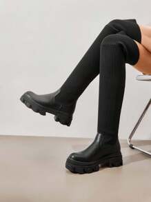 Women Minimalist Panel Design Knit Over The Knee Boots Fashion Lug Sole Comfortable Stretch Warm Sock Boots For Autumn Winter Christmas Wearing - 黑色 - 查看 4