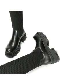 Women Minimalist Panel Design Knit Over The Knee Boots Fashion Lug Sole Comfortable Stretch Warm Sock Boots For Autumn Winter Christmas Wearing - 黑色 - 查看 6