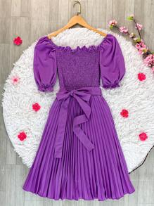 Pleated Midi Dress With Elastex Waist - Mauve Purple - View 1