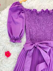 Pleated Midi Dress With Elastex Waist - Mauve Purple - View 4