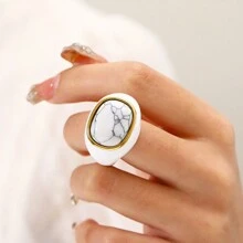 1 pieza Anillo de acero de titanio para mujer, diseño vintage audaz con incrustación de piedra natural, banda ancha de adecuada para uso diario