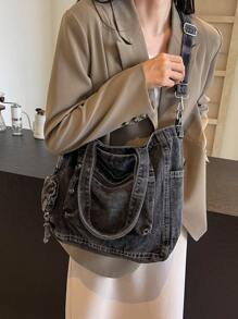 New Fashion Casual Chic Soft Jeans Multi-Pocket Tote Bag With Coin Purse, Solid Color Large Capacity Shoulder Bag, Literary Style College Student Crossbody School Bag, Suitable For Work Commute, Shopping, Travel And Back To School, Perfect For Cow Girl - Black - View 6
