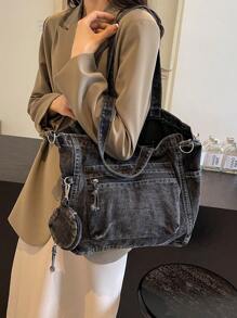 New Fashion Casual Chic Soft Jeans Multi-Pocket Tote Bag With Coin Purse, Solid Color Large Capacity Shoulder Bag, Literary Style College Student Crossbody School Bag, Suitable For Work Commute, Shopping, Travel And Back To School, Perfect For Cow Girl - Black - View 4