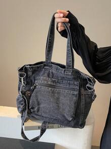 New Fashion Casual Chic Soft Jeans Multi-Pocket Tote Bag With Coin Purse, Solid Color Large Capacity Shoulder Bag, Literary Style College Student Crossbody School Bag, Suitable For Work Commute, Shopping, Travel And Back To School, Perfect For Cow Girl - Black - View 5