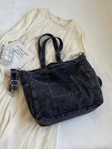 New Fashion Casual Chic Soft Jeans Multi-Pocket Tote Bag With Coin Purse, Solid Color Large Capacity Shoulder Bag, Literary Style College Student Crossbody School Bag, Suitable For Work Commute, Shopping, Travel And Back To School, Perfect For Cow Girl - Black - View 8