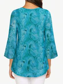 CheersLife 女士休闲七分袖抽绳腰上衣，花卉双层衬衫，宽松褶皱网纱衬衫 - 青碧色 - 查看 2