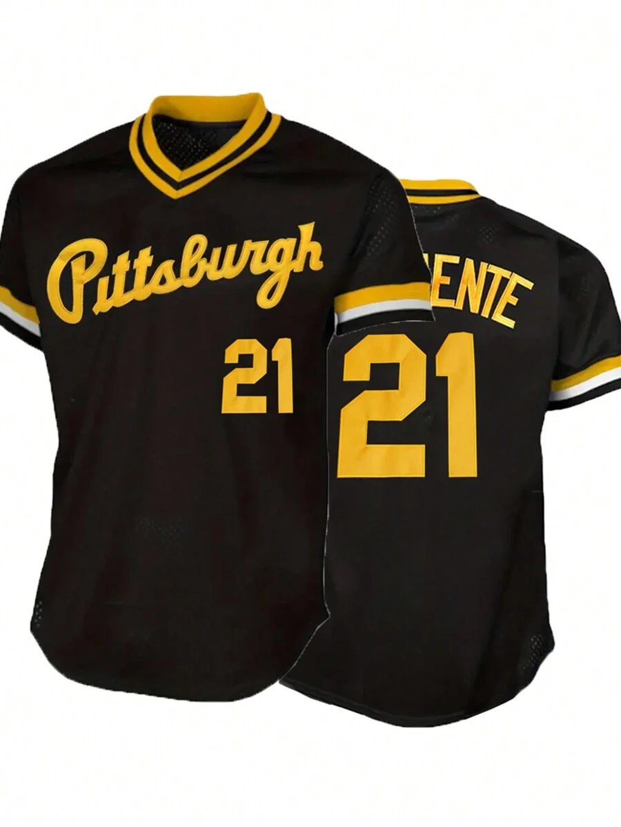 Boyfriend Style Men's No.21 White & Black Pittsburgh Lettering Embroidered Baseball Jersey, Loose Breathable V-Neck Short Sleeve Pullover Retro Sportswear For Street Hip Hop, Baseball, Golf Training - 黑色 - 查看 1