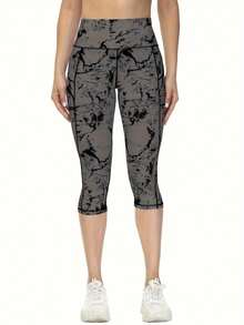 Mallas capri de entrenamiento de talle alto estampadas para mujer con bolsillos y control de abdomen - Negro - Ver 3