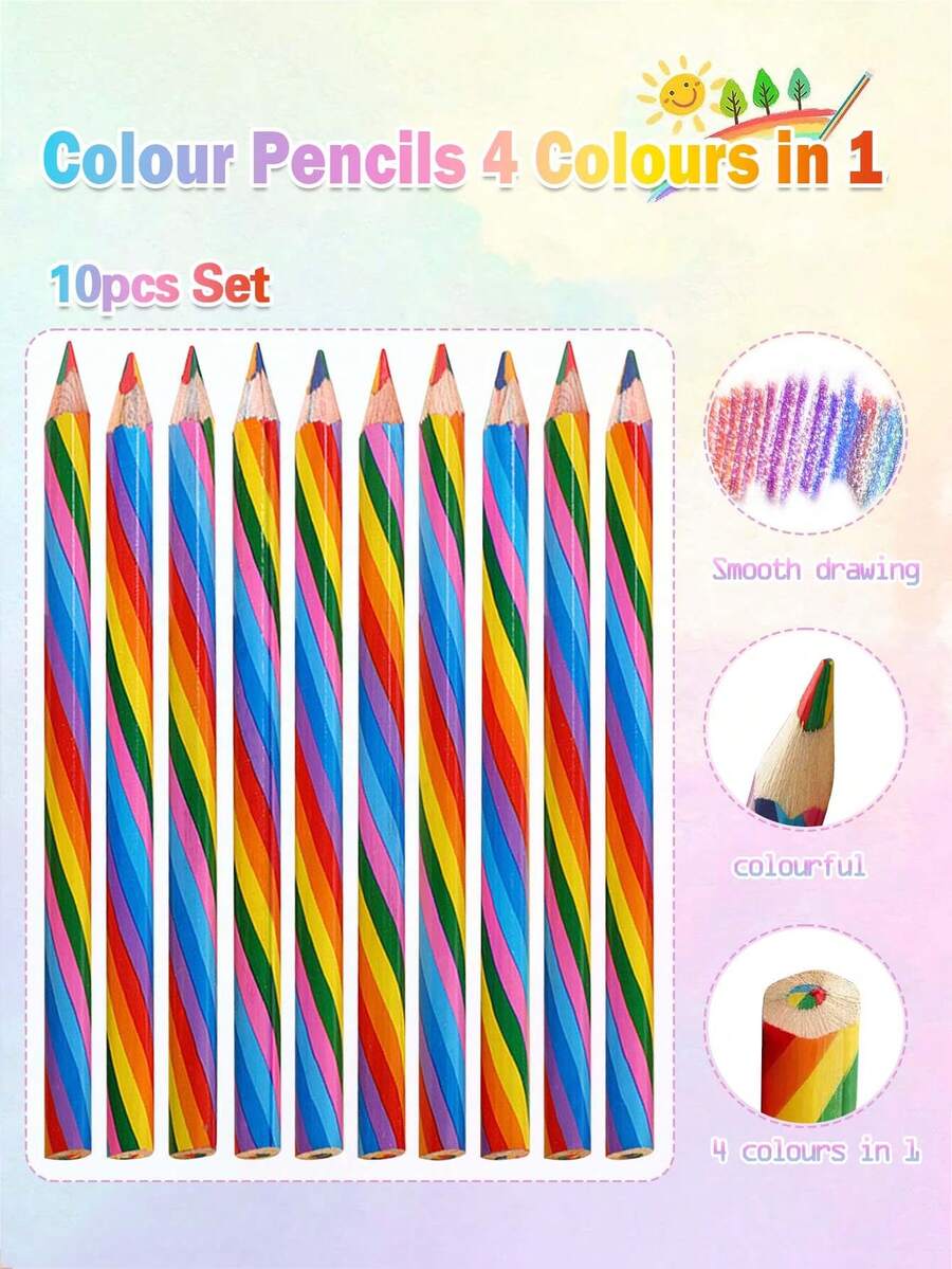 10 peças Lápis Multicoloridos, Conjunto de Lápis de Cor Degradê 4 em 1, Duas Pontas, Desenho DIY, Pintura e Coloração para Crianças e Estudantes - Lápis de cor - Visão 1