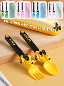 Juego de tenedor y cuchara de PP para bebé con forma de motocicleta y diseño de dibujos animados, vajilla portátil y divertida para niños, incluye caja de almacenamiento, disponible en múltiples colores - Color - Ver 2