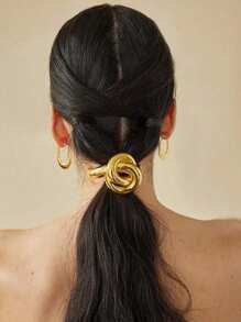 1pc Elegant Golden Metal Geometric Hair Tie, Women's Luxury Style Ponytail Holder, Simple Chic Accessory, Glossy Knot Pony Cuff, Dome Pony Cuff, Ponytail Elastic Band, Women And Girls Hair Accessories, Gold Head Piece