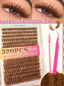 320 piezas Racimos de pestañas individuales esponjosas marrones 60D Rizo D 8-16mm Pestañas mixtas extra gruesas de aspecto natural y ultra suaves y súper ligeras Kit de extensiones de pestañas postizas con herramienta de maquillaje Pinzas para pestañas y cepillo para pestañas para uso personal en casa o en movimiento para vida diaria, boda, citas, fiestas, festivales de música y Halloween