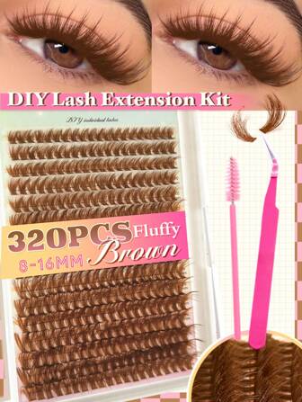320 piezas de racimos de pestañas individuales esponjosas de color marrón 60D D Curl de 8-16 mm con aspecto natural y ultra suave y súper ligero, kit de extensiones de pestañas postizas DIY con herramientas de maquillaje, pinzas para pestañas y cepillo para pestañas para uso personal en el hogar o en movimiento para la vida diaria, bodas, citas, fiestas, festivales de música y Halloween