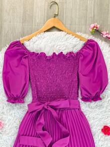 Pleated Midi Waist Elastex Dress - Red Violet - View 2