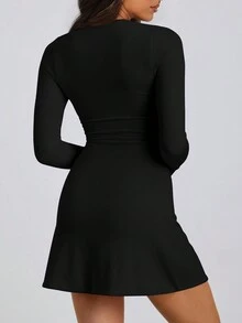 Vestido corto ajustado y ceñido de moda para mujer, vestido de manga larga de cuello alto de punto sexy para club - Negro - Ver 2