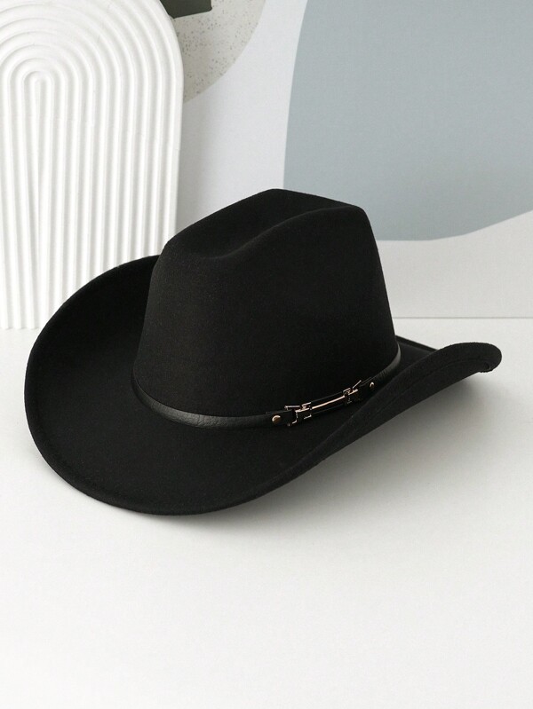 1pc Unisex Solid Color Cowboy Hat With Unique Leather Belt Strap Decor, Suitable For Western Theme Events, Parties, Role Play, Graduation, Masquerade, Festivals, Birthdays