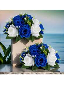 1/2 piezas Ramo de flores artificiales centro de mesa de boda, decoración con bola de flores de rosa blanca de plástico para boda - Azul y blanco - Ver 3