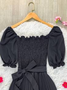 Pleated Midi Waist Elastex Dress - Black - View 2
