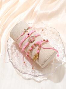 4 Pcs/Set Fashion Mexican Bracelets Virgin Mary Bracelets For Women Girls Crystal Cross Beads Hand Woven Bracelets Set Jewelry Accessories - Pink - View 3