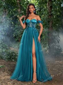 Faeriesty Vestido de gala con aplicación floral en el escote de tul transparente, elegante vestido de fiesta formal para bodas, invitados, graduación, cena