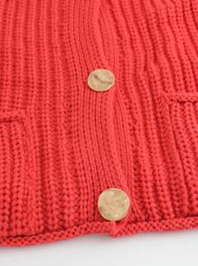 Women Knit Crew Neck Cardigan, Big Button Pocket Textured Sleeveless Sweater Vest, Spring/Summer - Red - View 6