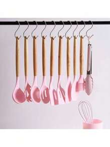 Set 12 espatulas utensilios de cocina de silicona con mango de madera - Rosa - Ver 2