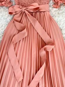Pleated Midi Waist Elastex Dress - Dusty Pink - View 3