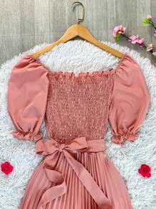 Pleated Midi Waist Elastex Dress - Dusty Pink - View 5