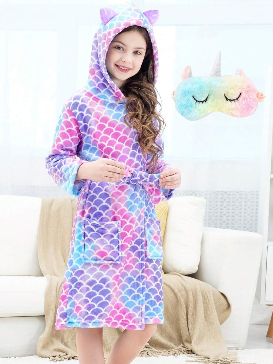 Tween 女孩紫色和粉色美人鱼鳞片浴袍和眼罩套装 - 彩色 - 查看 1