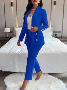 Amarilo Women Spring Autumn Metal Double-Breasted Long Sleeve Peplum Blazer & Pants 2 Pieces Elegant Set