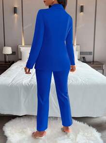 Amarilo Women Spring Autumn Metal Double-Breasted Long Sleeve Peplum Blazer & Pants 2 Pieces Elegant Set