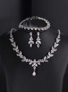3 件套豪華銅和方晶鋯石鑲嵌女式銀項鍊和耳環套裝,非常適合派對和婚禮