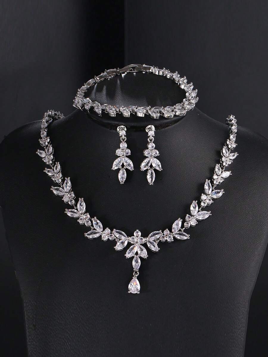 3 件套豪華銅和方晶鋯石鑲嵌女式銀項鍊和耳環套裝,非常適合派對和婚禮