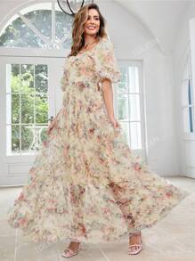 Vestido elegante de cuello corazón con mangas cortas abullonadas y estampado floral para mujeres