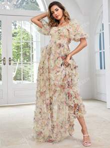 Vestido elegante de cuello corazón con mangas cortas abullonadas y estampado floral para mujeres
